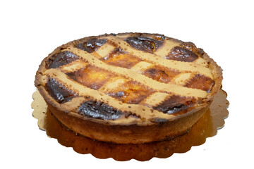 PNG format image of the classic Neapolitan pastiera, a typical dessert of the Neapolitan tradition. The pastiera is presented in a clean way, ideal for graphic and commercial uses thanks to the transp