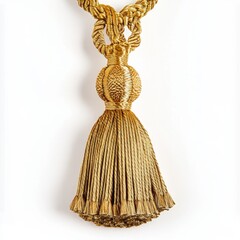 Gold tassel drapery trim.  Detailed tassel with knotted rope and textured ball