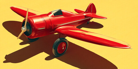 Red toy airplane on yellow background, showcasing a vintage design aesthetic, symbolizing travel, adventure, and childhood memories