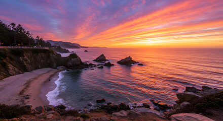 Fototapeta premium Stunning coastal sunset with glowing clouds and vivid ocean reflections — perfect for travel, nature, relaxation, and inspirational visuals in both print and digital use.