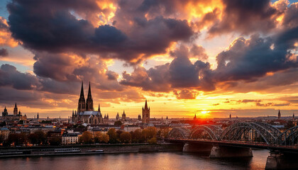 Obraz premium Sunset over Cologne featuring historic architecture and tranquil river reflections