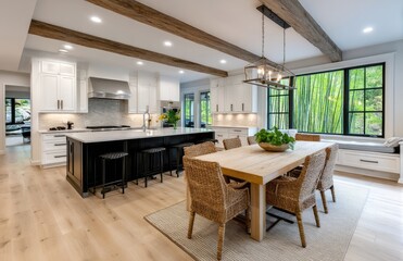 Fototapeta premium the kitchen with white cabinets, a black island, and a dining table in an open-concept home with light wood floors and windows showing a bamboo forest outside