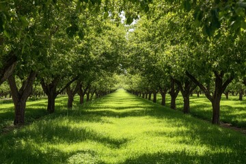 Fototapeta premium Lush Walnut Orchard in Spring: A Scenic Perspective of California's Green Fruit Farm