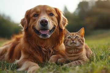Golden retriever and ginger cat relaxing together in a sunny park during late afternoon