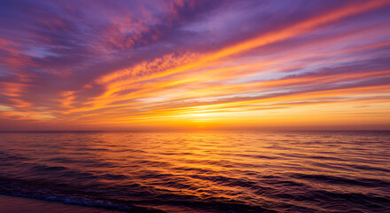 Fototapeta premium Stunning coastal sunset with glowing clouds and vivid ocean reflections — perfect for travel, nature, relaxation, and inspirational visuals in both print and digital use.