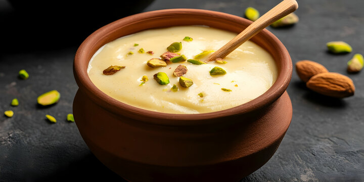 Rich creamy matka rabdi garnished with nuts in a traditional clay bowl, showcasing indian cultural culinary artistry and flavors