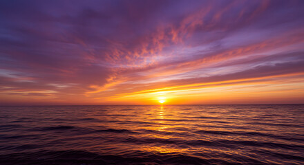 Fototapeta premium Stunning coastal sunset with glowing clouds and vivid ocean reflections — perfect for travel, nature, relaxation, and inspirational visuals in both print and digital use.
