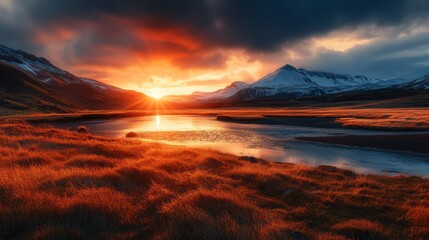 Photographer capturing dramatic sunset landscape. Featuring vibrant colors and peaceful scenery