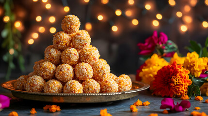 Delightful indian motichoor ladoos arranged in a vibrant display during a festive celebration at dusk
