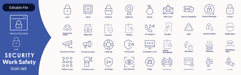 Work Safety editable stroke outline web icons set. Safety first, hazard, protection, health, insurance, regulations, helmet and work. Vector illustration