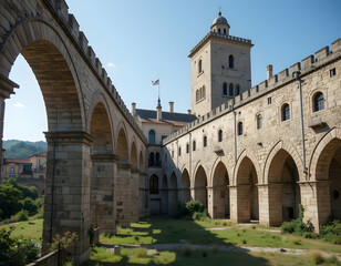 Fototapeta premium Exploring Arched Stone Walkway and Tower in Historic Courtyard Setting