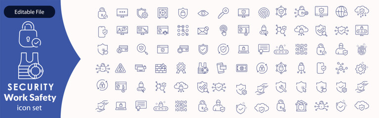 Work Safety editable stroke outline web icons set. Safety first, hazard, protection, health, insurance, regulations, helmet and work. Vector illustration