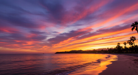 Stunning coastal sunset with glowing clouds and vivid ocean reflections &mdash; perfect for travel, nature, relaxation, and inspirational visuals in both print and digital use.