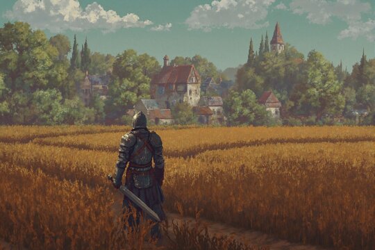 Pixel art of knight walking through wheat field,retro,fantasy,rpg