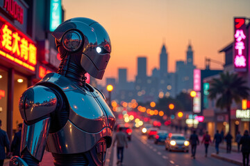 Bright neon lights dance across a retro-futuristic cityscape at dusk, with a vintage humanoid robot statue at the center of the frame.