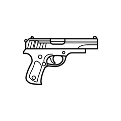 Isolated Outline Drawing of a Handgun on Transparent Background and White Fill