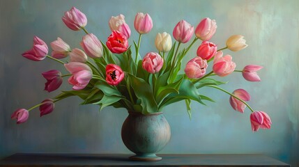A vase of pink, white, and red tulips in a teal vase on a dark wooden table against a teal background.