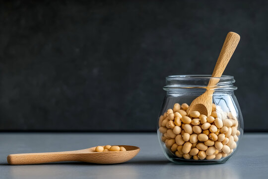 Sustainable storage of organic beans in a glass jar with a wooden spoon highlighting eco-friendly kitchen practices