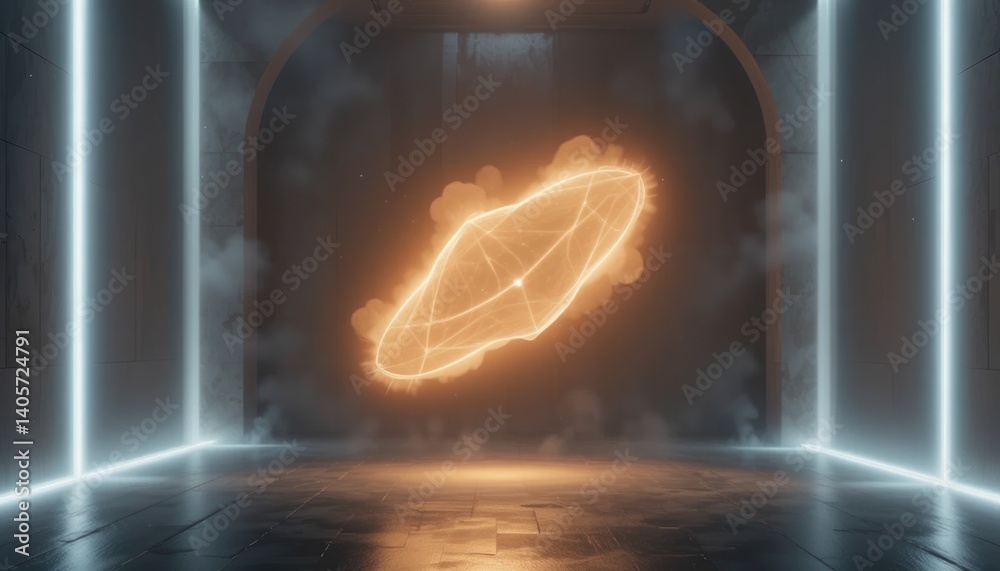 Poster dynamic energy sphere floating in a futuristic space digital art sci-fi environment virtual reality 