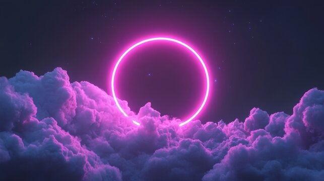 Neon circle over clouds at night