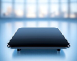 Tablet's dark, sleek screen reflects its surroundings in a softly blurred environment