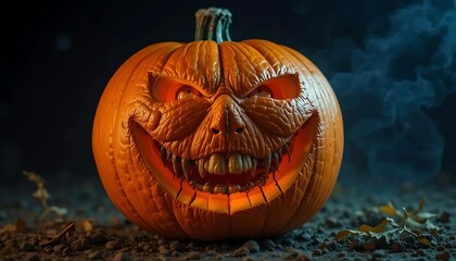 Carved orange pumpkin face glows as a spooky jack-o-lantern, an evil symbol of the fall halloween celebration