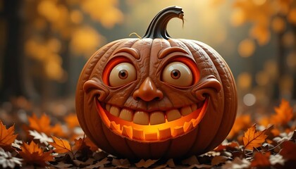 Carved orange pumpkin face glows as a spooky jack-o-lantern, an evil symbol of the fall halloween celebration