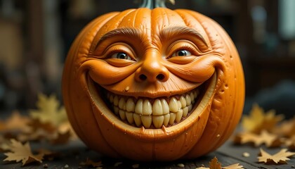 Carved orange pumpkin face glows as a spooky jack-o-lantern, an evil symbol of the fall halloween celebration
