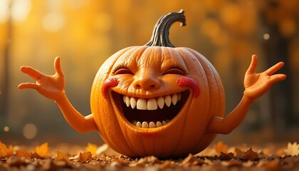 Carved orange pumpkin face glows as a spooky jack-o-lantern, an evil symbol of the fall halloween celebration