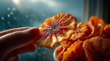 Crispy, sun-drenched pineapple chips are delicately held.