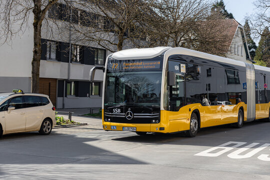 Stuttgart-Mohringen, Germany- March 28, 2025: SSB bus 72 route towards Fasanenhof at Mohringen Bahnhof station