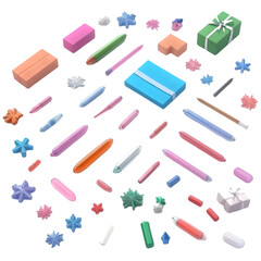 Isometric 3D Render of Isolated Colorful Geometric Gift Boxes and Objects on Black