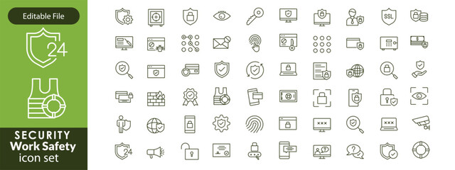 Work Safety editable stroke outline web icons set. Safety first, hazard, protection, health, insurance, regulations, helmet and work. Vector illustration