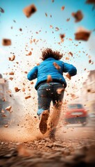 A person runs away as debris flies through the air on a dusty street during a chaotic moment