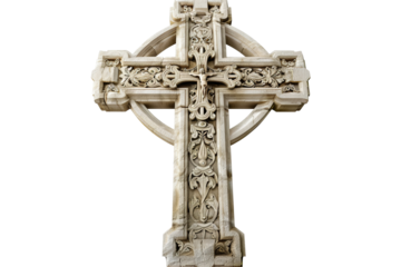 Intricately carved stone cross, detailed with figures and foliage against a transparent background