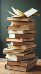 A dynamic scene of a stack of books with their pages turning in the wind, representing the excitement of stories and the power of literature.