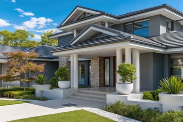Fototapeta premium Front view of a modern home with a front door, entrance, and garage of an Australian sub-tropical climate