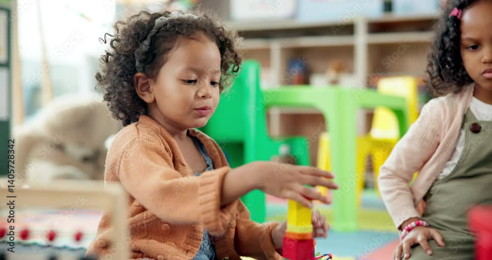 Aufkleber Child, student and stack blocks in classroom for learning, problem solving and creative activity. Kid, talk and building toys for education game, puzzle solution and motor development in kindergarden