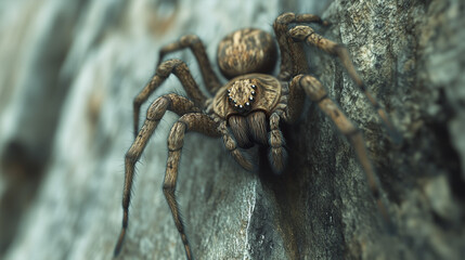 A large spider suspended on a wall, dramatic lighting casting soft yet defined shadows.