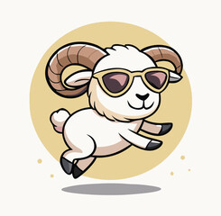 Naklejka premium Cartoon Ram With Sunglasses Jumping Illustration Funny Cool Animal Character