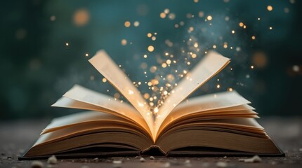 A magical scene of open books with their pages fluttering in the wind, representing the power of stories and imagination, enchanting atmosphere.