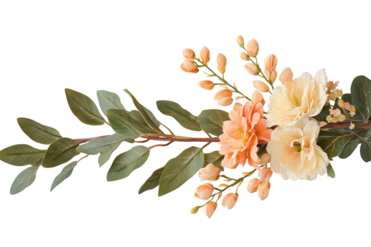 Floral branch with peach and cream blossoms and green leaves on a transparent background. Serene botanical beauty