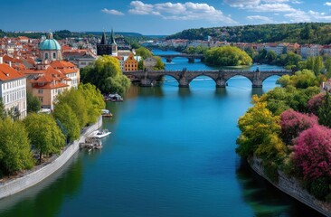 Obraz premium Panoramic view of Prague city with Charles Bridge, colorful buildings, and bridges over the River.
