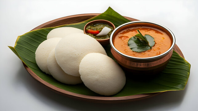 Traditional South Indian meal featuring idli served with spicy sambar on a banana leaf in a wooden plate