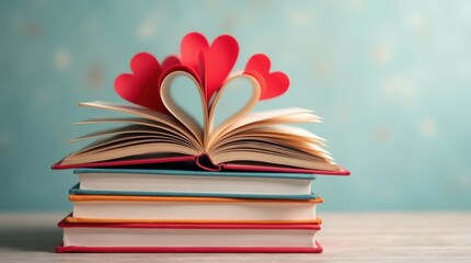 A stack of books with their pages creatively arranged into heart shapes, showcasing vibrant colors and representing the love of reading and literature.