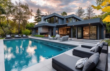 Fototapeta premium A large modern house with a pool in the backyard, a concrete patio, and a lawn area behind it.