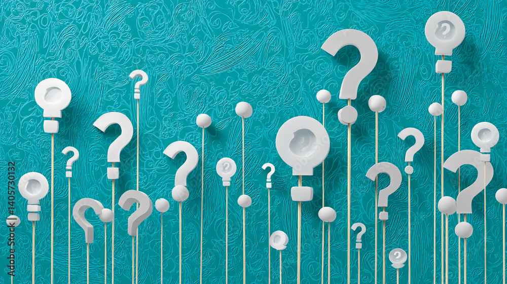 Poster white question marks and lightbulb shapes on sticks against a teal textured background, showcasing c