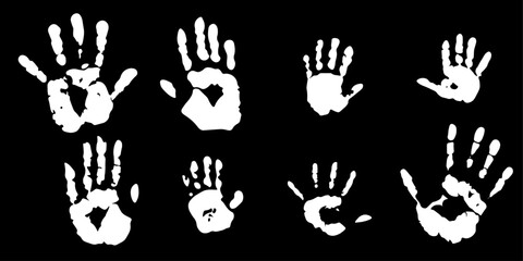Handprints, white handprints on black background. Fingerprints. Hand scan. Handprints of the whole family