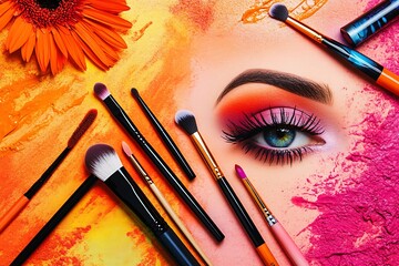 Flat lay of artistic makeup designs on a textured backdrop that captures this season's bold color palette,