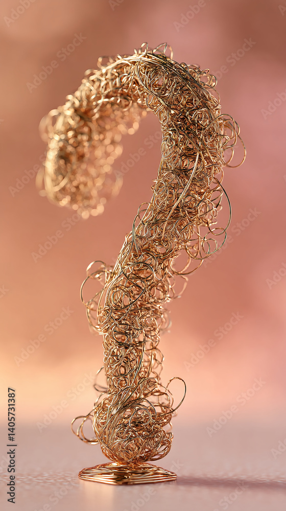 Poster golden wire intricately formed into a question mark shape, set against a soft peach background, symb
